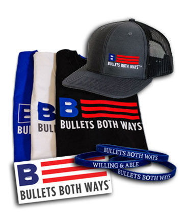 Bullets Both Ways Bundle - Hat, Shirt, Wristband, Sticker